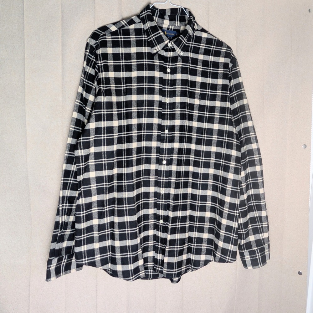 Ralph Lauren Mens XL Performance Flannel Shirt Classic Fit Black White Plaid